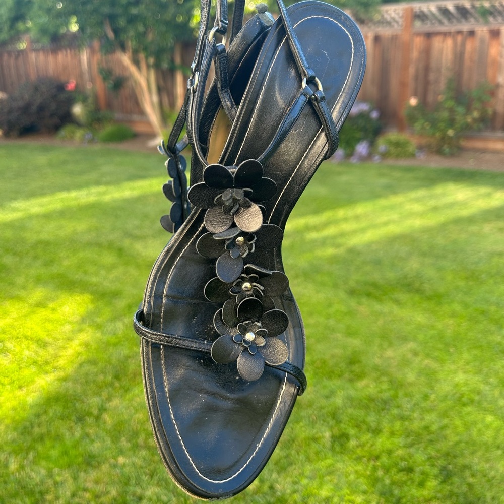 Coach Black Leather Flower Sandals